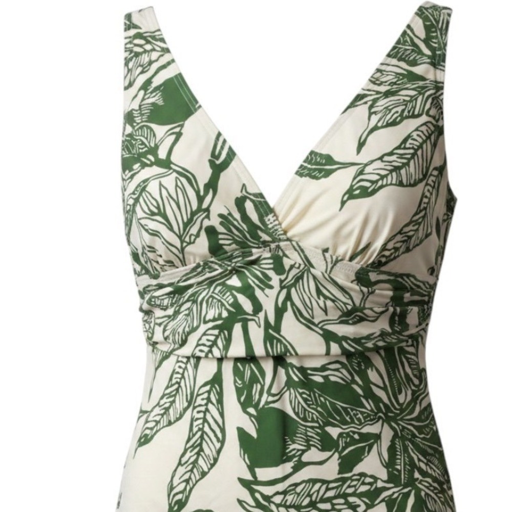 Lands' End Tankini Top Women M Green White Tropical Palm Leaf V‎ Neck Surplice